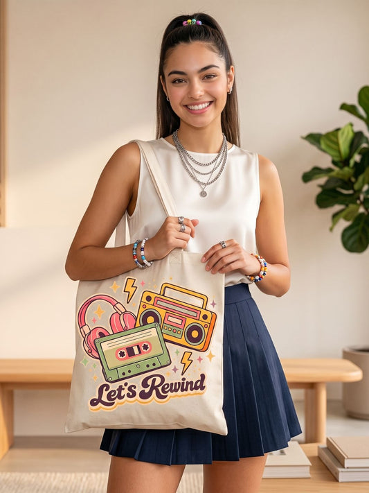 Retro 90s "Let’s Rewind" Canvas Tote Bag | Vintage Music Cassette & Boombox Aesthetic Shoulder Bag