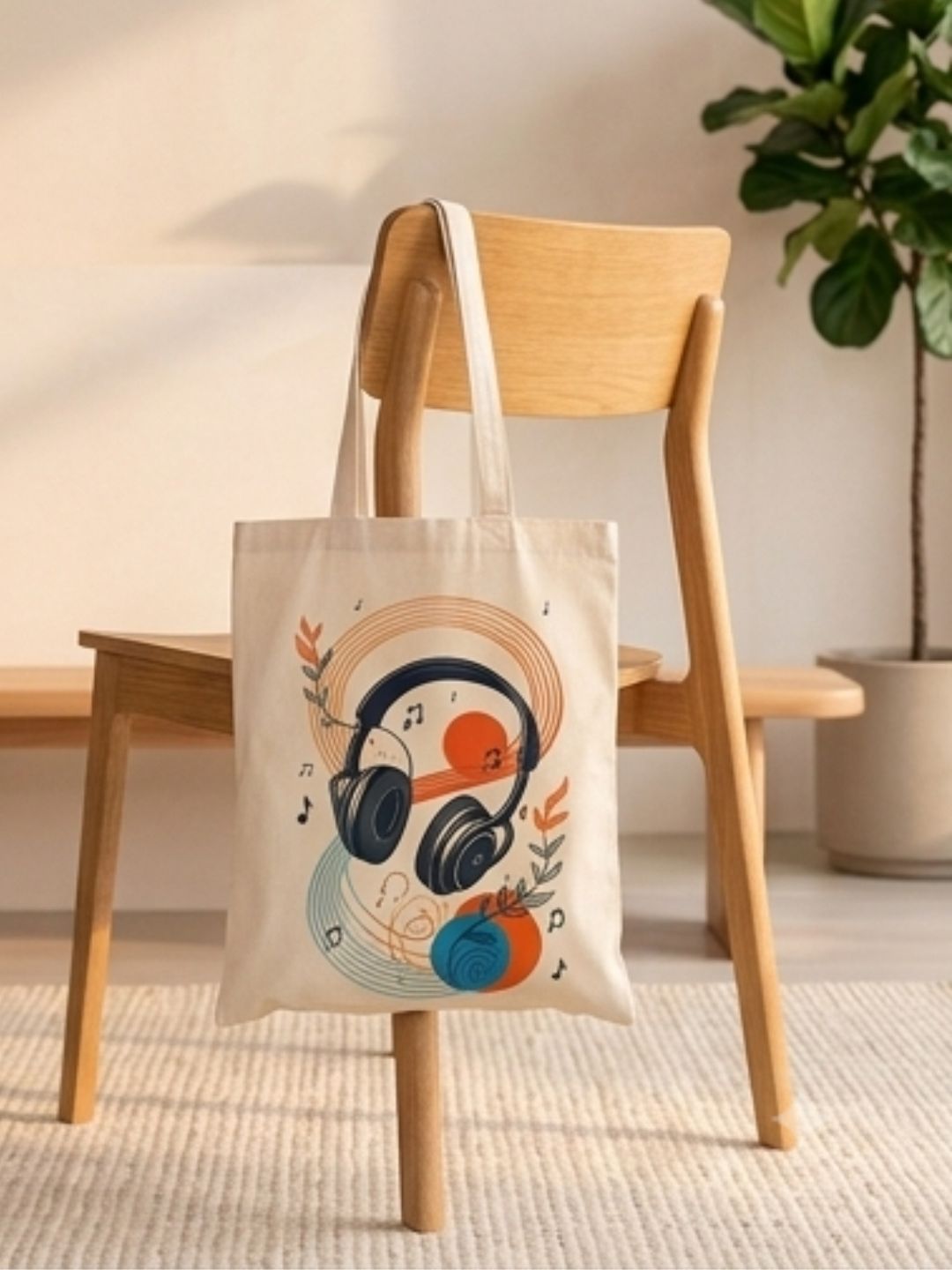 Retro Headphone Aesthetic Canvas Tote Bag | Abstract Botanical Music Lover Shoulder Bag | Eco-Friendly Cotton Book & Laptop Tote