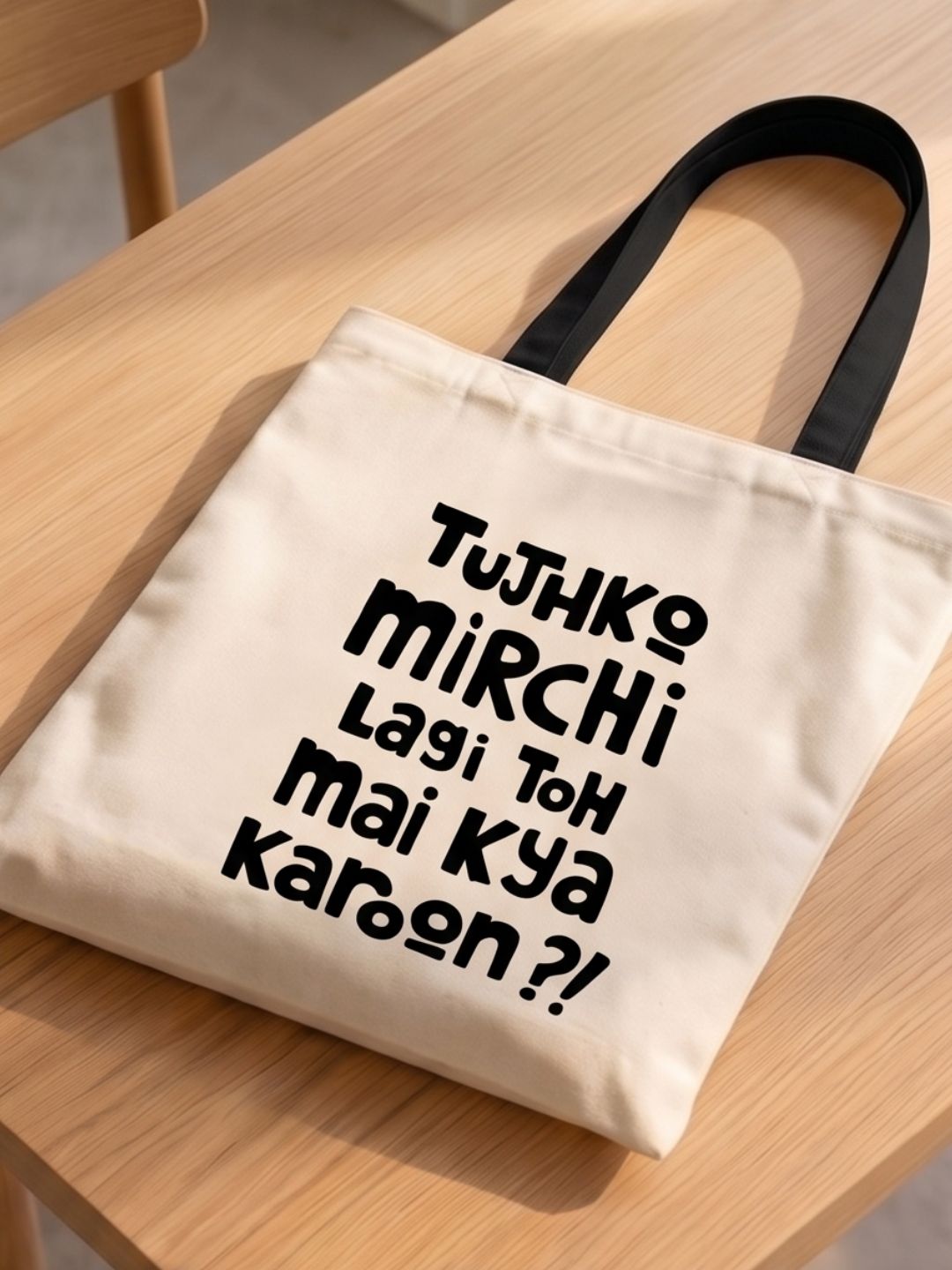 "Tujhko Mirchi Lagi Toh Mai Kya Karoon" Bollywood Quote Canvas Tote Bag | Funny Desi Hindi Slogan Shoulder Bag | Eco-Friendly Cotton College & Daily Tote