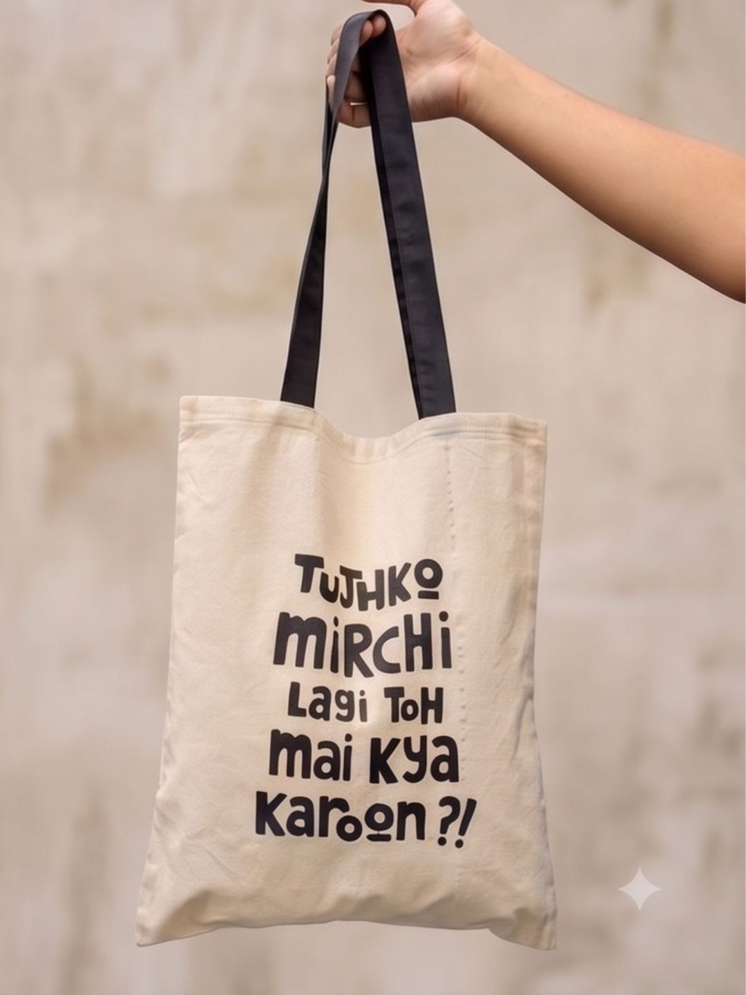 "Tujhko Mirchi Lagi Toh Mai Kya Karoon" Bollywood Quote Canvas Tote Bag | Funny Desi Hindi Slogan Shoulder Bag | Eco-Friendly Cotton College & Daily Tote