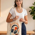 Retro Headphone Aesthetic Canvas Tote Bag | Abstract Botanical Music Lover Shoulder Bag | Eco-Friendly Cotton Book & Laptop Tote