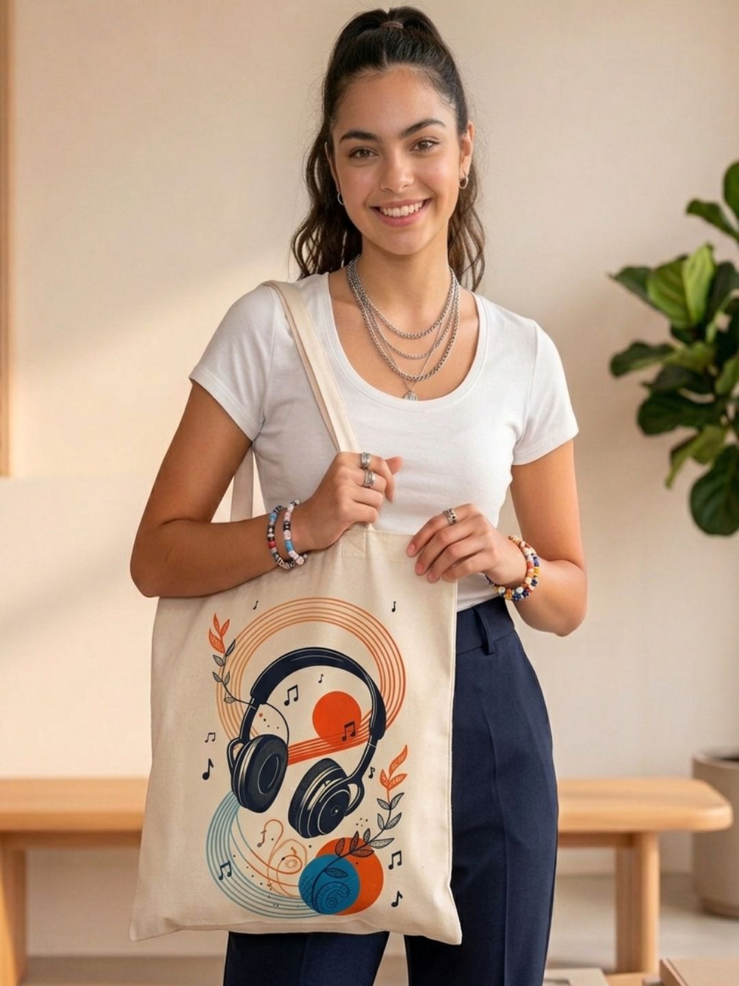 Retro Headphone Aesthetic Canvas Tote Bag | Abstract Botanical Music Lover Shoulder Bag | Eco-Friendly Cotton Book & Laptop Tote