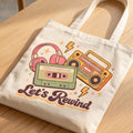 Retro 90s "Let’s Rewind" Canvas Tote Bag | Vintage Music Cassette & Boombox Aesthetic Shoulder Bag