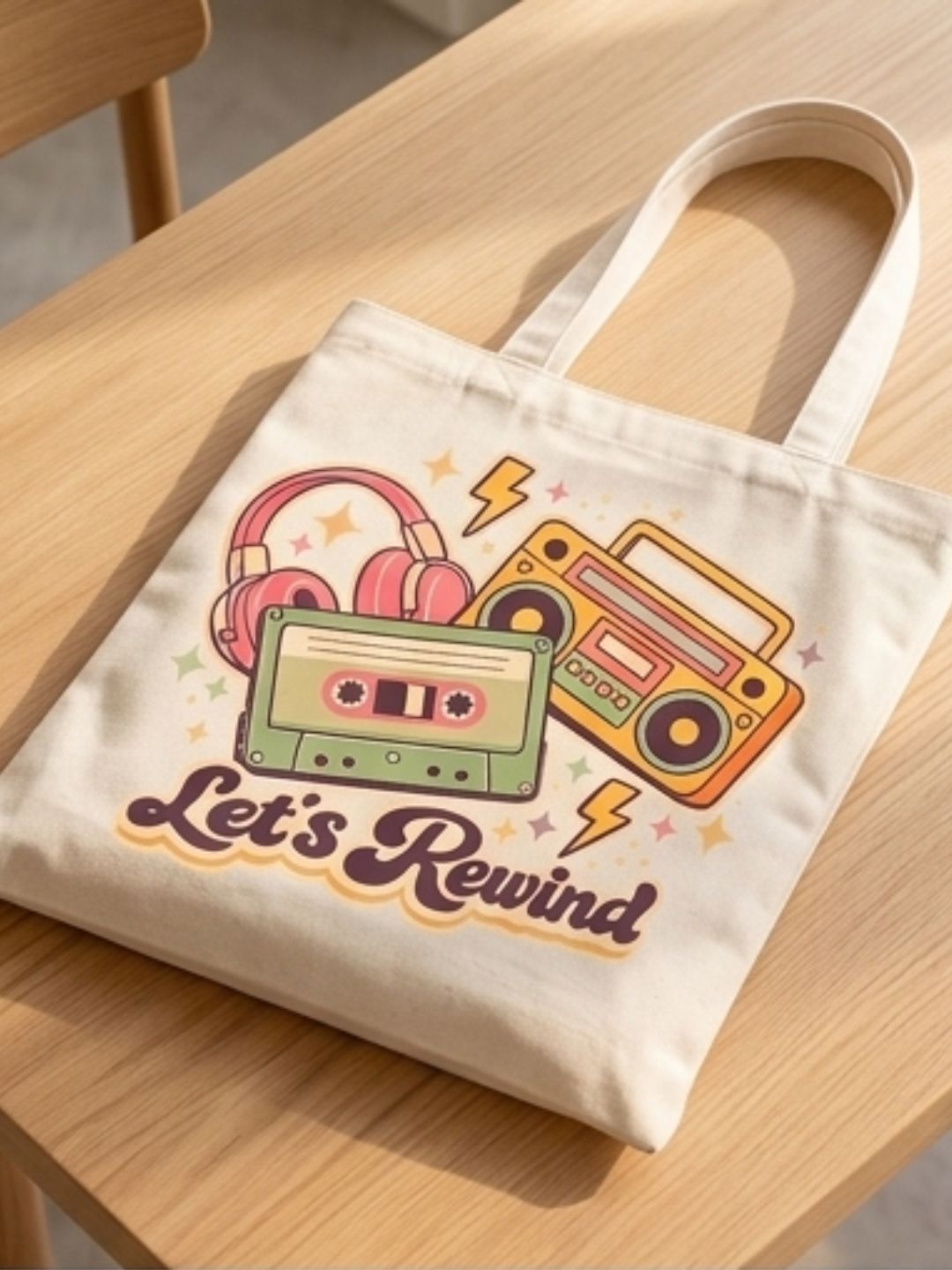 Retro 90s "Let’s Rewind" Canvas Tote Bag | Vintage Music Cassette & Boombox Aesthetic Shoulder Bag