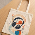 Retro Headphone Aesthetic Canvas Tote Bag | Abstract Botanical Music Lover Shoulder Bag | Eco-Friendly Cotton Book & Laptop Tote