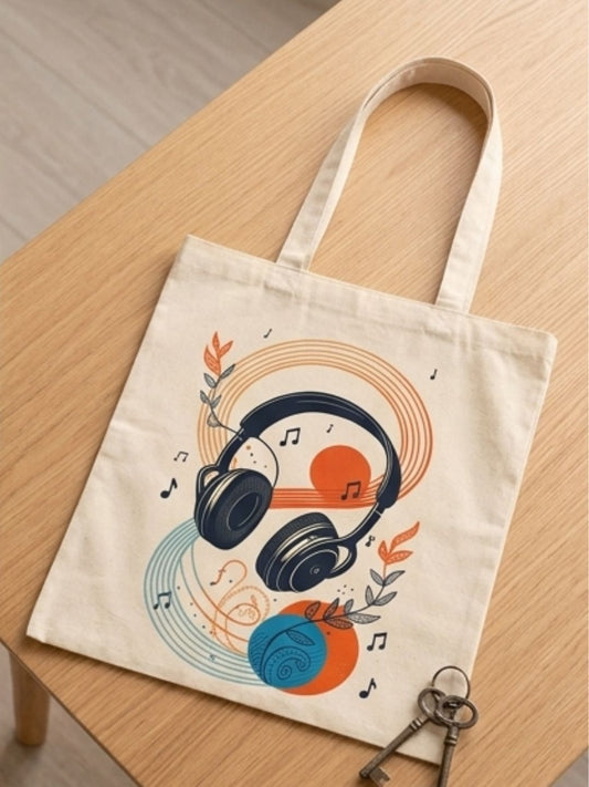 Retro Headphone Aesthetic Canvas Tote Bag | Abstract Botanical Music Lover Shoulder Bag | Eco-Friendly Cotton Book & Laptop Tote