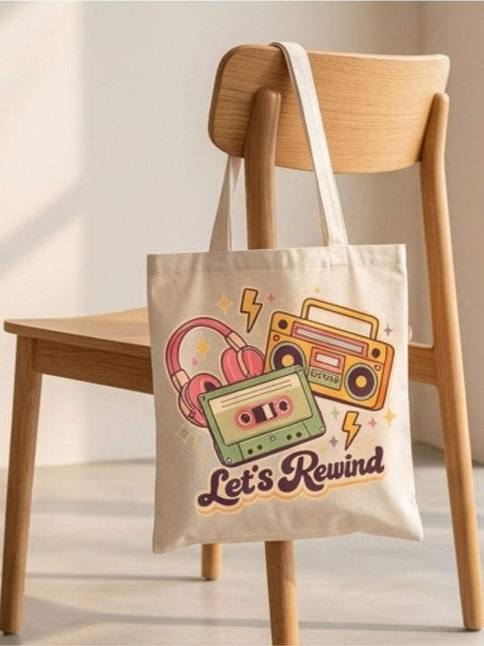 Retro 90s "Let’s Rewind" Canvas Tote Bag | Vintage Music Cassette & Boombox Aesthetic Shoulder Bag