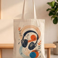 Retro Headphone Aesthetic Canvas Tote Bag | Abstract Botanical Music Lover Shoulder Bag | Eco-Friendly Cotton Book & Laptop Tote