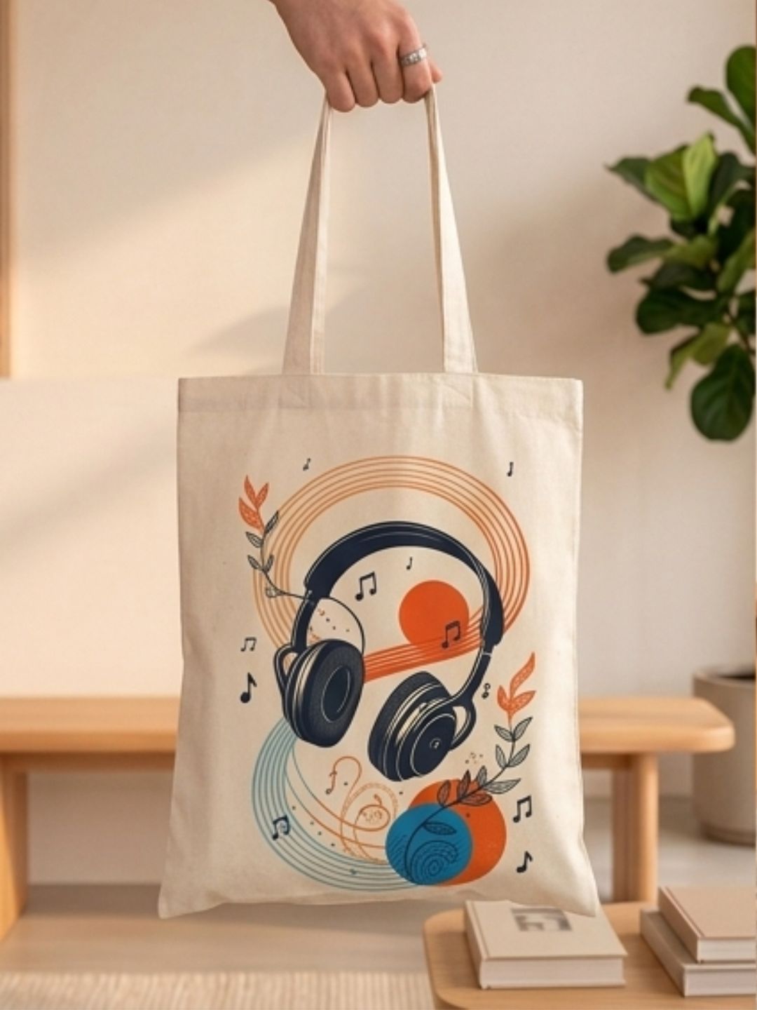 Retro Headphone Aesthetic Canvas Tote Bag | Abstract Botanical Music Lover Shoulder Bag | Eco-Friendly Cotton Book & Laptop Tote