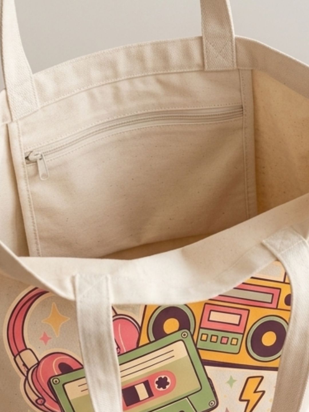 Retro 90s "Let’s Rewind" Canvas Tote Bag | Vintage Music Cassette & Boombox Aesthetic Shoulder Bag
