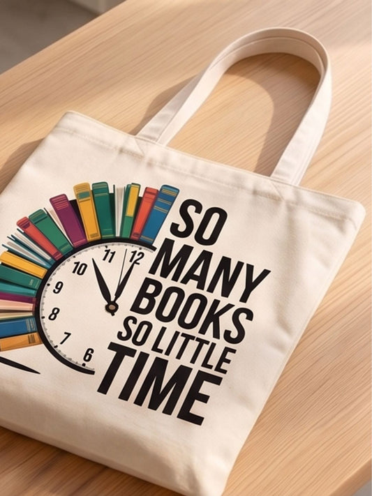 "So Many Books So Little Time" Canvas Tote Bag | Book Lover Aesthetic Clock Graphic Shoulder Bag | Heavy-Duty Cotton Bookish Tote for Readers & Students