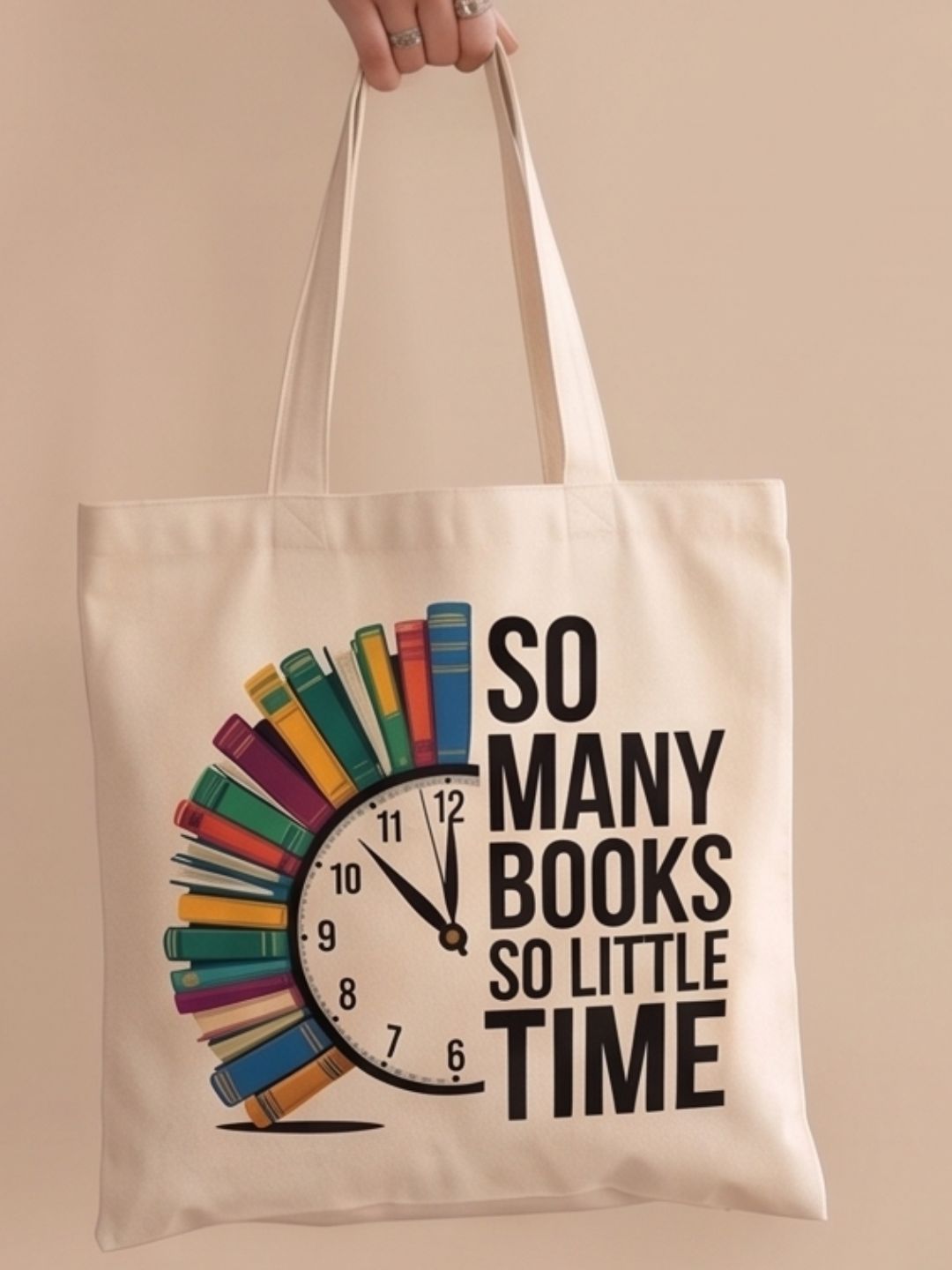"So Many Books So Little Time" Canvas Tote Bag | Book Lover Aesthetic Clock Graphic Shoulder Bag | Heavy-Duty Cotton Bookish Tote for Readers & Students