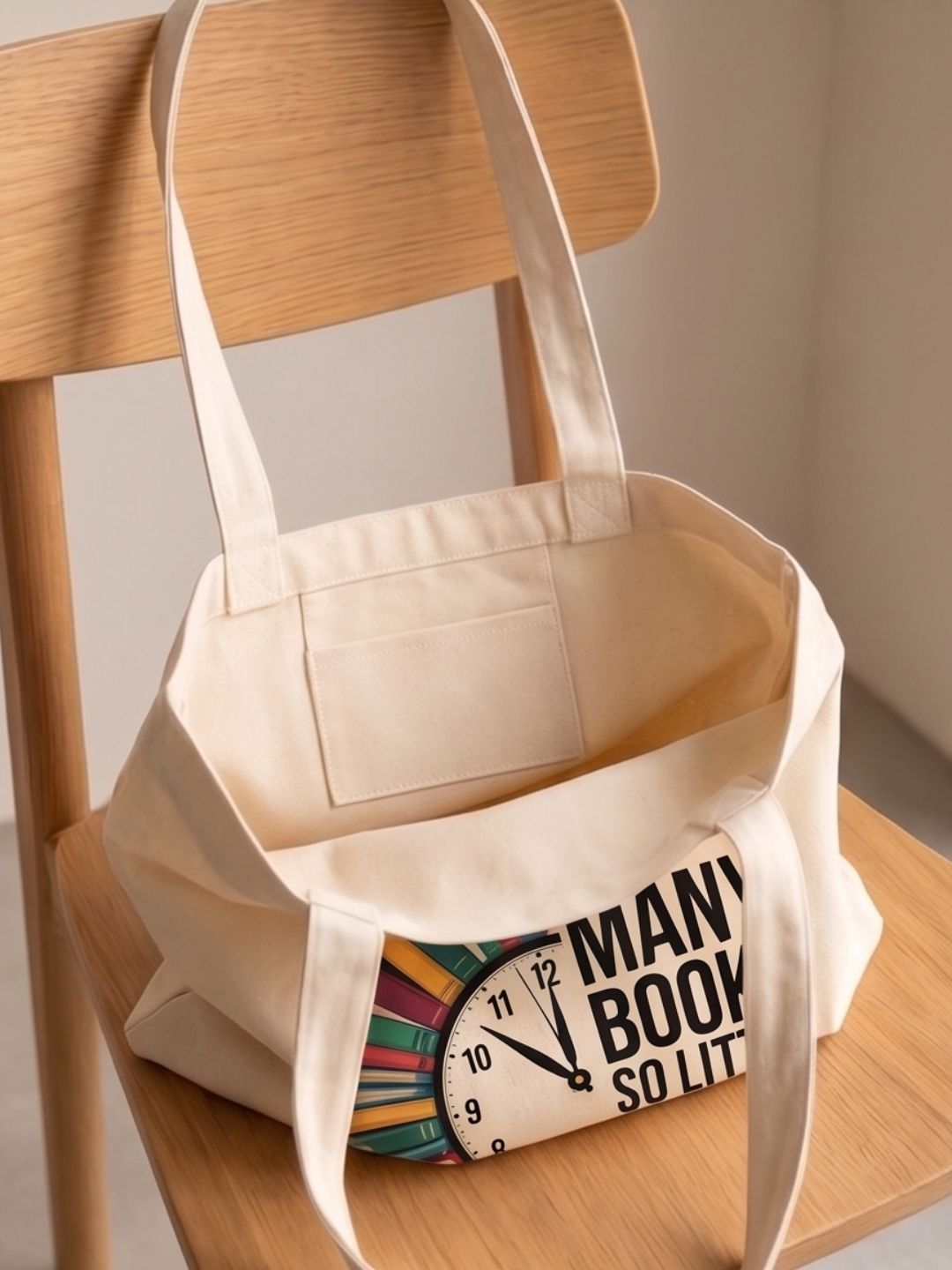 "So Many Books So Little Time" Canvas Tote Bag | Book Lover Aesthetic Clock Graphic Shoulder Bag | Heavy-Duty Cotton Bookish Tote for Readers & Students
