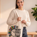 "So Many Books So Little Time" Canvas Tote Bag | Book Lover Aesthetic Clock Graphic Shoulder Bag | Heavy-Duty Cotton Bookish Tote for Readers & Students