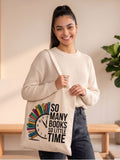 "So Many Books So Little Time" Canvas Tote Bag | Book Lover Aesthetic Clock Graphic Shoulder Bag | Heavy-Duty Cotton Bookish Tote for Readers & Students